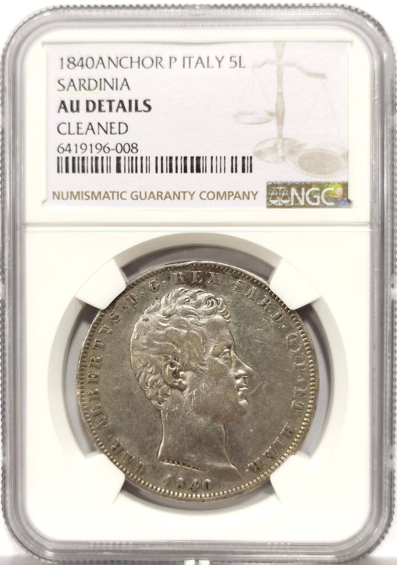 博洋堂世界钱币拍卖第167期（全场包邮） NGC AU 意大利1840年锚记版撒丁王国5里拉大银币，好品稀少