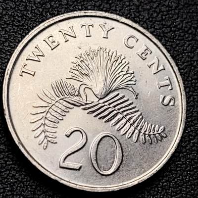 泉币菌-第219场-拍品多 请提前出价 - 1990 高币值 新加坡20分 绒球花 高盾徽版 直径21.36mm