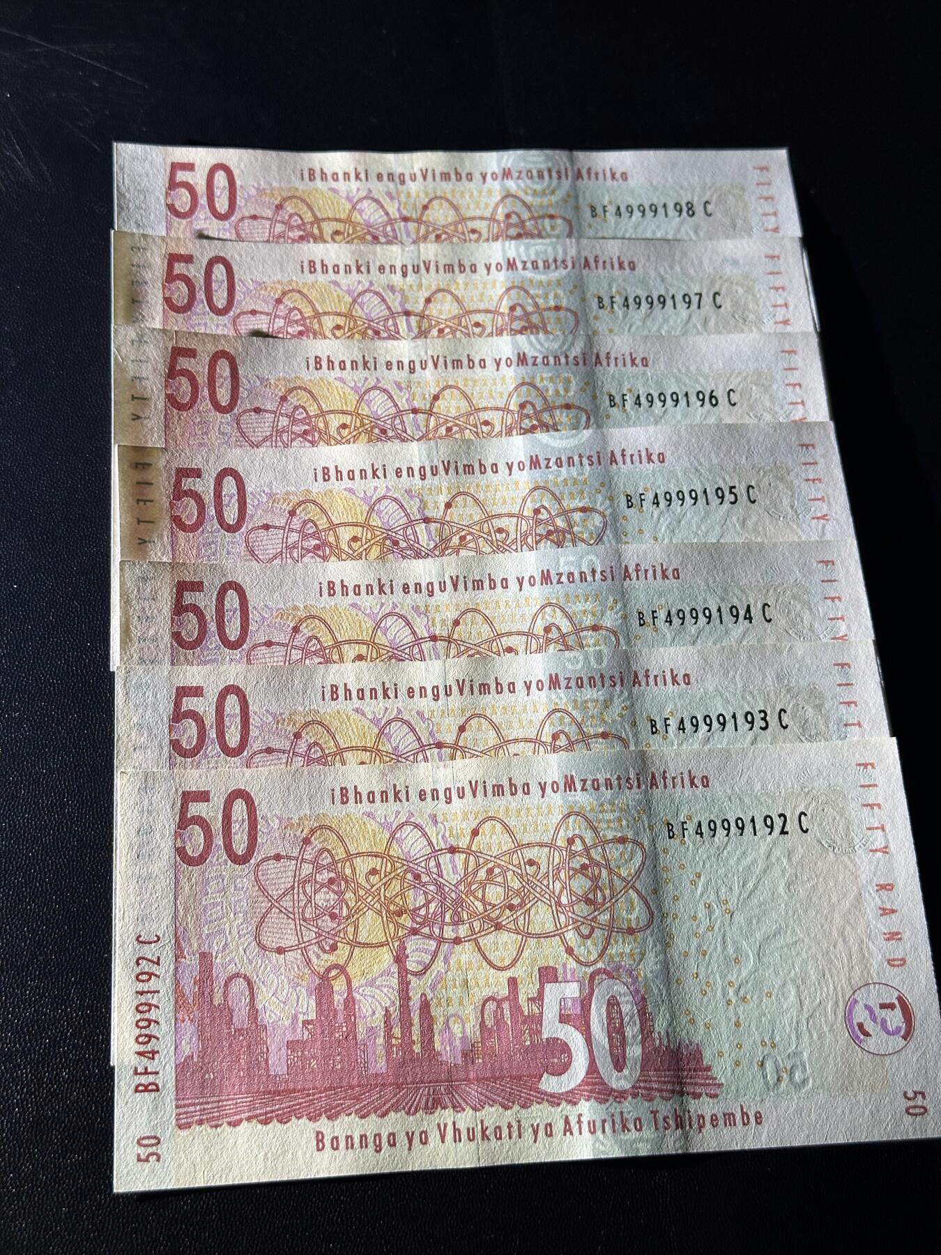 《外钞收藏家》第六百二十三期（精选场）（长期征集拍品、欢迎藏友们联系合作） 南非动物版50兰特 7张一起 全新UNC 