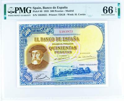 【Blue Auction】世界纸币精拍第802期——18级TOP拍卖/信誉/品质/专业/高效💫 - 【亚军分 无47】西班牙 1935年 500比塞塔 PMG66EPQ 科尔特斯 经典大方块 雕刻非常细腻大气 值得珍藏 背面描述科尔特斯到达墨西哥后烧毁了他的船只，以说服他的部下们，没有回头路的场景。最终科尔特斯以破釜沉舟之势，以600人征服250万印第安人，塑造了西班牙征服者的传奇人生