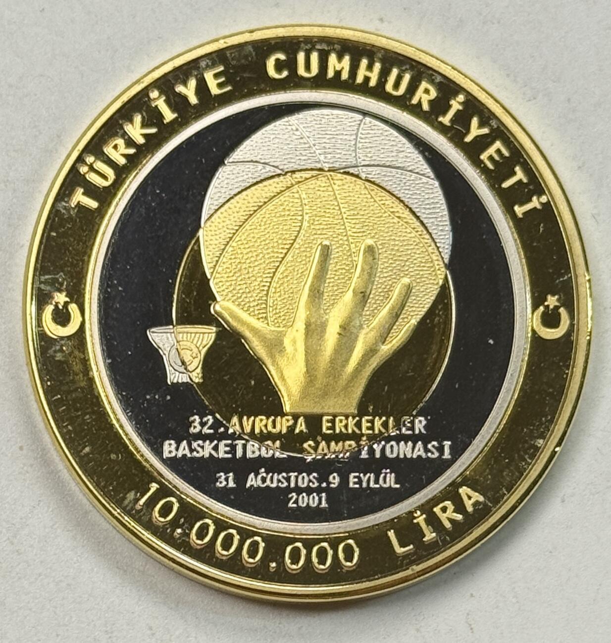 S&S Numismatic世界钱币-拍卖 第125期  土耳其2001年 第32届欧洲男子篮球锦标赛 10000000里拉双色纪念币 样币精制