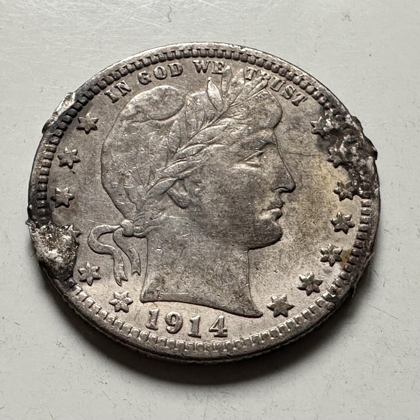 🌹外币初藏🌹🐯2026年第36场   每周二四六晚8️⃣点 接代拍 美国 1914年 巴伯 25分银币 90%银-6.25g-24.3mm 边有焊