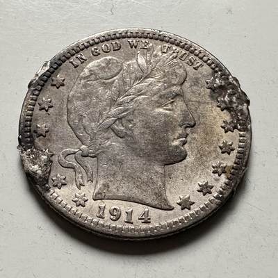 🌹外币初藏🌹🐯2026年第36场   每周二四六晚8️⃣点 接代拍 - 美国 1914年 巴伯 25分银币 90%银-6.25g-24.3mm 边有焊