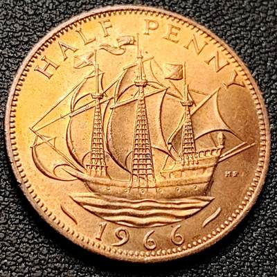 泉币菌-第219场-拍品多 请提前出价 - 原铜光极美 1967年英国1/2便士铜币 伊丽莎白女王 海盗帆船 25mm