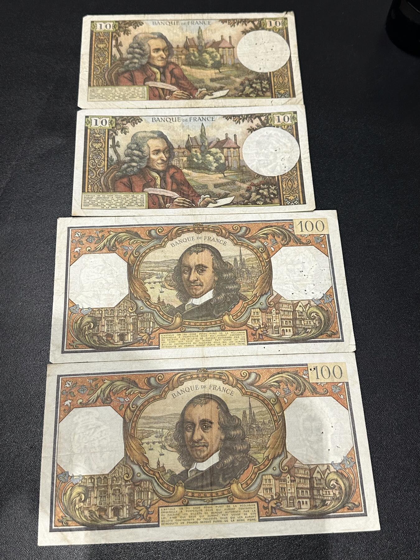 《外钞收藏家》第六百二十三期（精选场）（长期征集拍品、欢迎藏友们联系合作） 法国10和100法郎 四张一起 非全新 品相如图