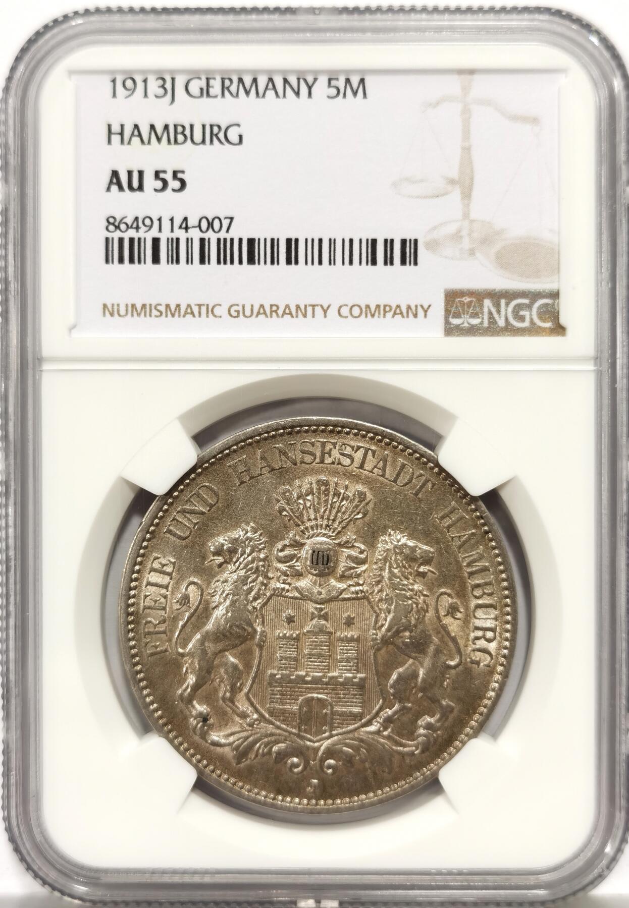 博洋堂世界钱币拍卖第167期（全场包邮） NGC AU55 德国汉堡1913J双狮5马克大银币，品相极佳