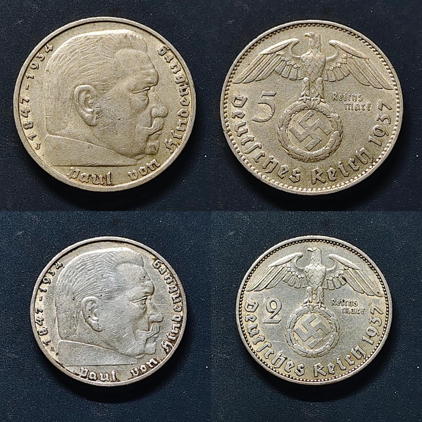 【全场包邮】纯粹捡漏拍518场 德国第三帝国1935-1941年7枚套币-含2枚银币2马克【25毫米8克62.5%】+5马克【29毫米13.88克90%】