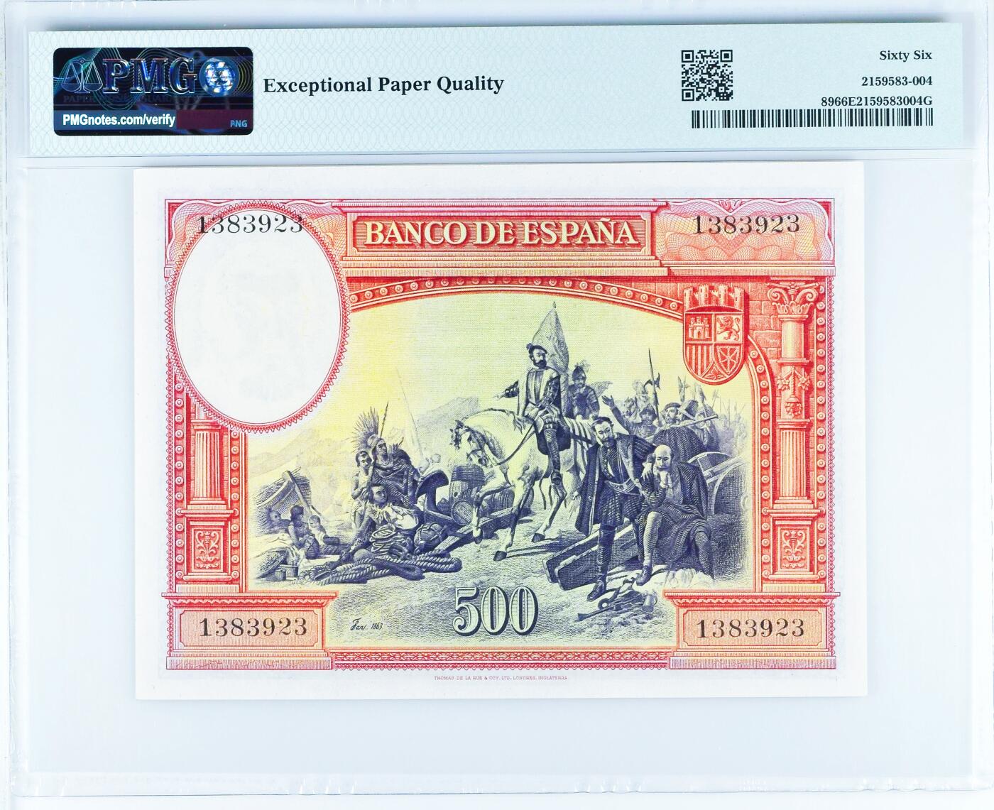 【Blue Auction】世界纸币精拍第802期——18级TOP拍卖/信誉/品质/专业/高效💫 【亚军分 无47】西班牙 1935年 500比塞塔 PMG66EPQ 科尔特斯 经典大方块 雕刻非常细腻大气 值得珍藏 背面描述科尔特斯到达墨西哥后烧毁了他的船只，以说服他的部下们，没有回头路的场景。最终科尔特斯以破釜沉舟之势，以600人征服250万印第安人，塑造了西班牙征服者的传奇人生