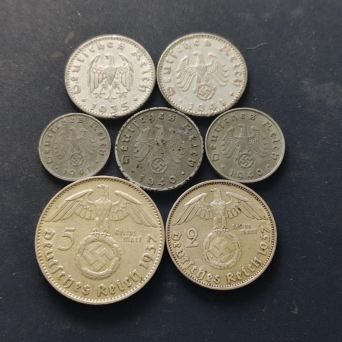【全场包邮】纯粹捡漏拍518场 德国第三帝国1935-1941年7枚套币-含2枚银币2马克【25毫米8克62.5%】+5马克【29毫米13.88克90%】
