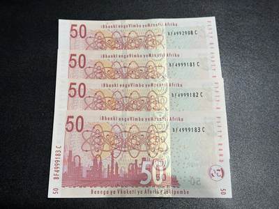 《外钞收藏家》第六百二十三期（精选场）（长期征集拍品、欢迎藏友们联系合作） - 南非动物版50兰特 4张一起 全新UNC 