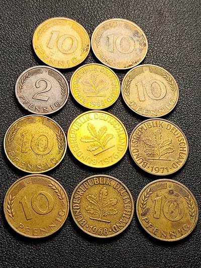 泉币菌-第219场-拍品多 请提前出价 - 11枚一组 联邦德国 多面值 芬尼硬币 橡树麦穗 银行版 混合年份