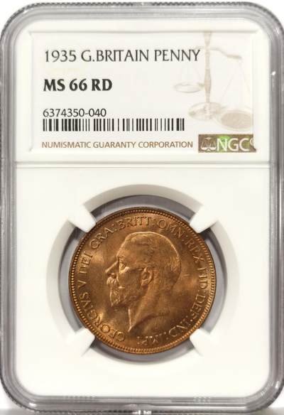 博洋堂世界钱币拍卖第167期（全场包邮） - NGC MS66RD 英国1935年乔治五世1便士铜币 原厂红铜光 打制深峻 转光强烈 RD级达到此分数十分少见 目前为NGC评级亚军分 高评仅3枚