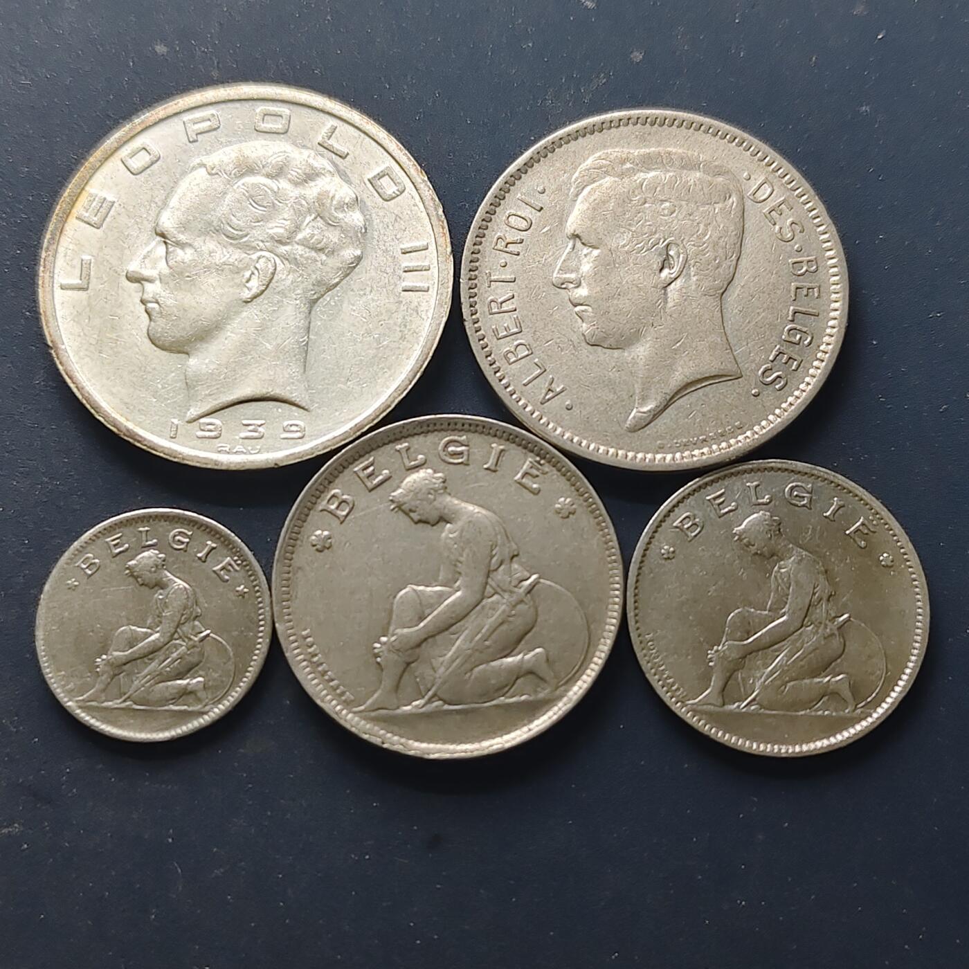 【全场包邮】纯粹捡漏拍518场 比利时1923-1939年BELGIE版5枚套币-含50法郎银币【33毫米20克83.5%】