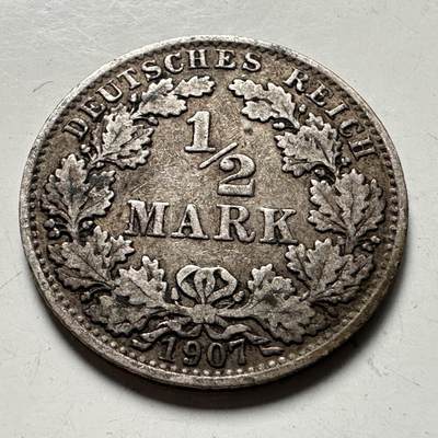 🌹外币初藏🌹🐯2026年第36场   每周二四六晚8️⃣点 接代拍 - 德意志帝国 1907年 帝国鹰 ½马克 银币 90%银-5.55g-23.0mm
