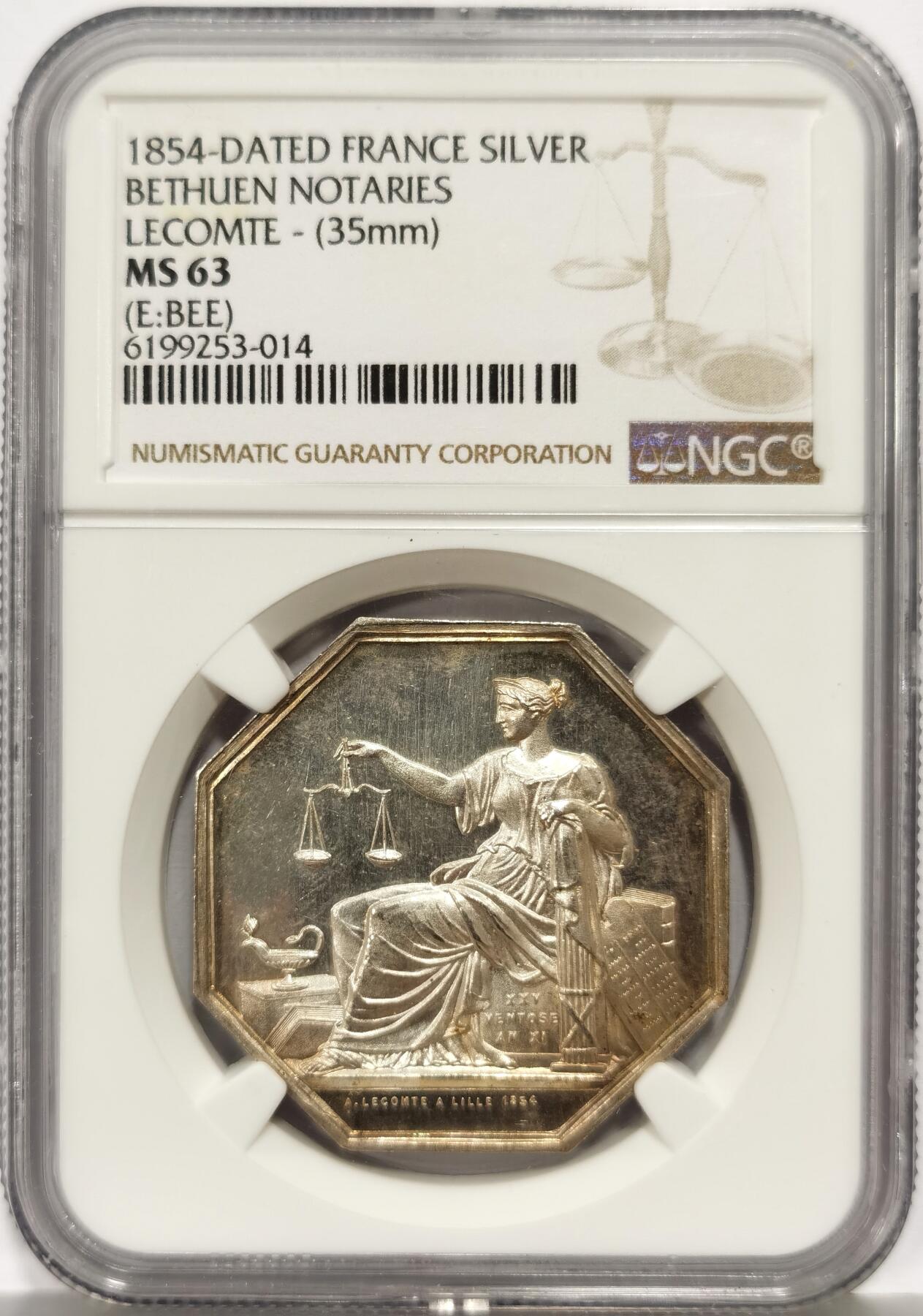 博洋堂世界钱币拍卖第167期（全场包邮） NGC MS63 法国1854年原铸女神像八角币，稀少蜜蜂边铭，不是后铸丰饶角，稀少。