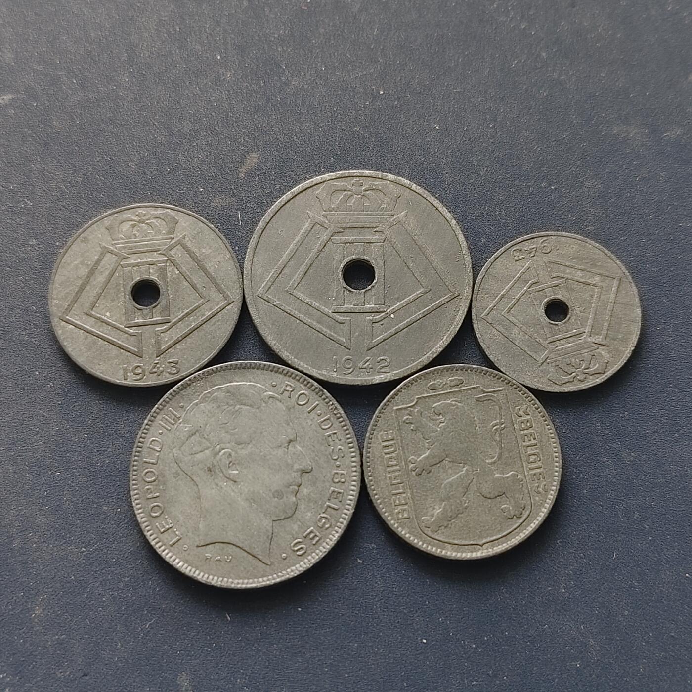 【全场包邮】纯粹捡漏拍518场 德占比利时1941-1943年BELGES法语版5枚锌币套币