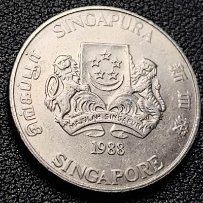 泉币菌-第218场-拍品多 请提前出价 - 1988 高币值 新加坡20分 绒球花 高盾徽版 直径21.36mm