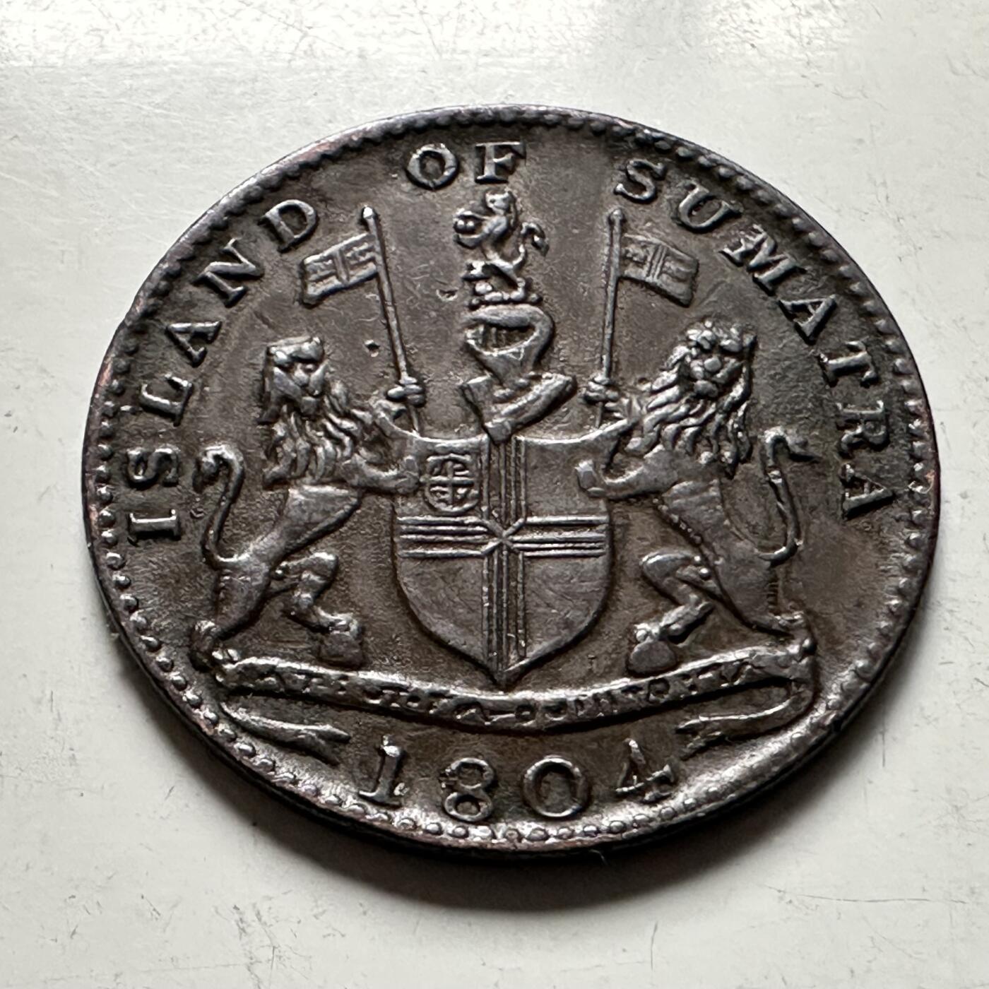 🌹外币初藏🌹🐯2026年第36场   每周二四六晚8️⃣点 接代拍 英属东印度公司 1804年 苏门答腊 2克平 纹章铜币 红铜-4.25g-25.5mm