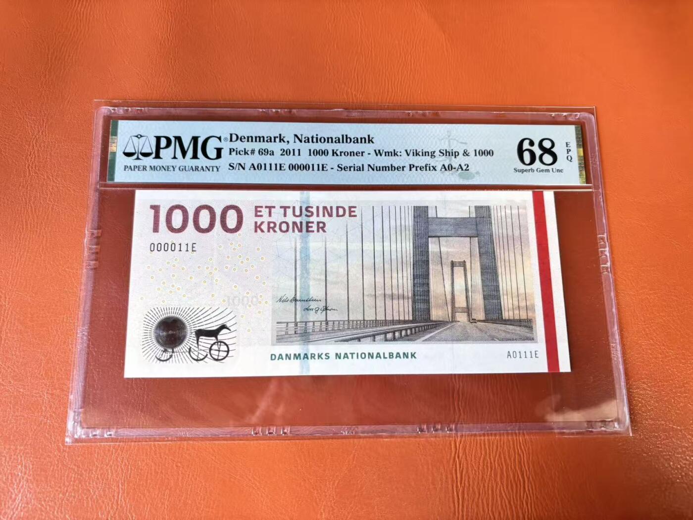 【Blue Auction】世界纸币精拍第802期——18级TOP拍卖/信誉/品质/专业/高效💫 【A0冠11号小号 超级二进制号】丹麦 2011年1000克朗 PMG68EPQ 高分