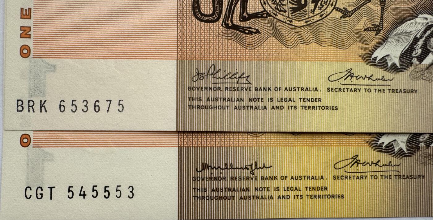 2026第6场（总第233期）：精品外钞、塑料钞靓号场  澳大利亚1974-83年版1元女王头像纸币不同签名一对UNC（42a/42b）