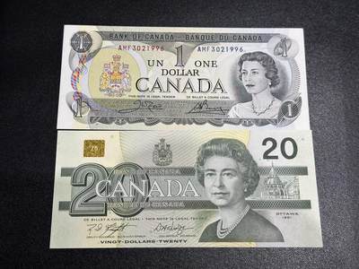 《外钞收藏家》第六百二十三期（精选场）（长期征集拍品、欢迎藏友们联系合作） - 1973年加拿大1元+鸟版20元2张一起 全新UNC