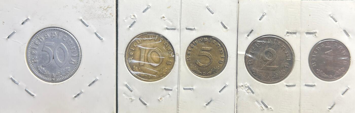 纳粹德国（第三帝国）辅币套装 1/2/5/10/50 芬尼 万字鹰徽 二战历史硬币