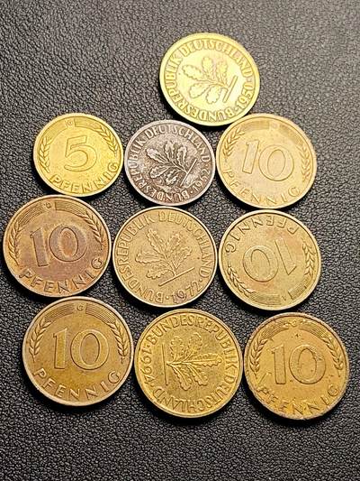 泉币菌-第219场-拍品多 请提前出价 - 10枚一组 联邦德国 多面值 芬尼硬币 橡树麦穗  银行版 混合年份