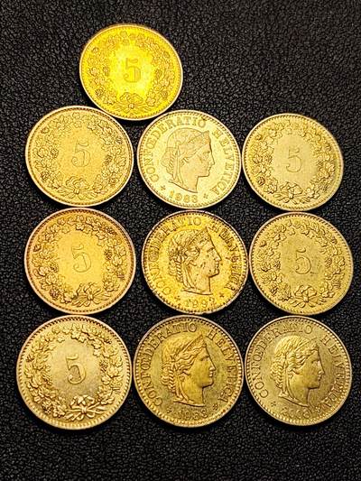 泉币菌-第219场-拍品多 请提前出价 - 10枚 高币值一组 瑞士5生丁铜币 