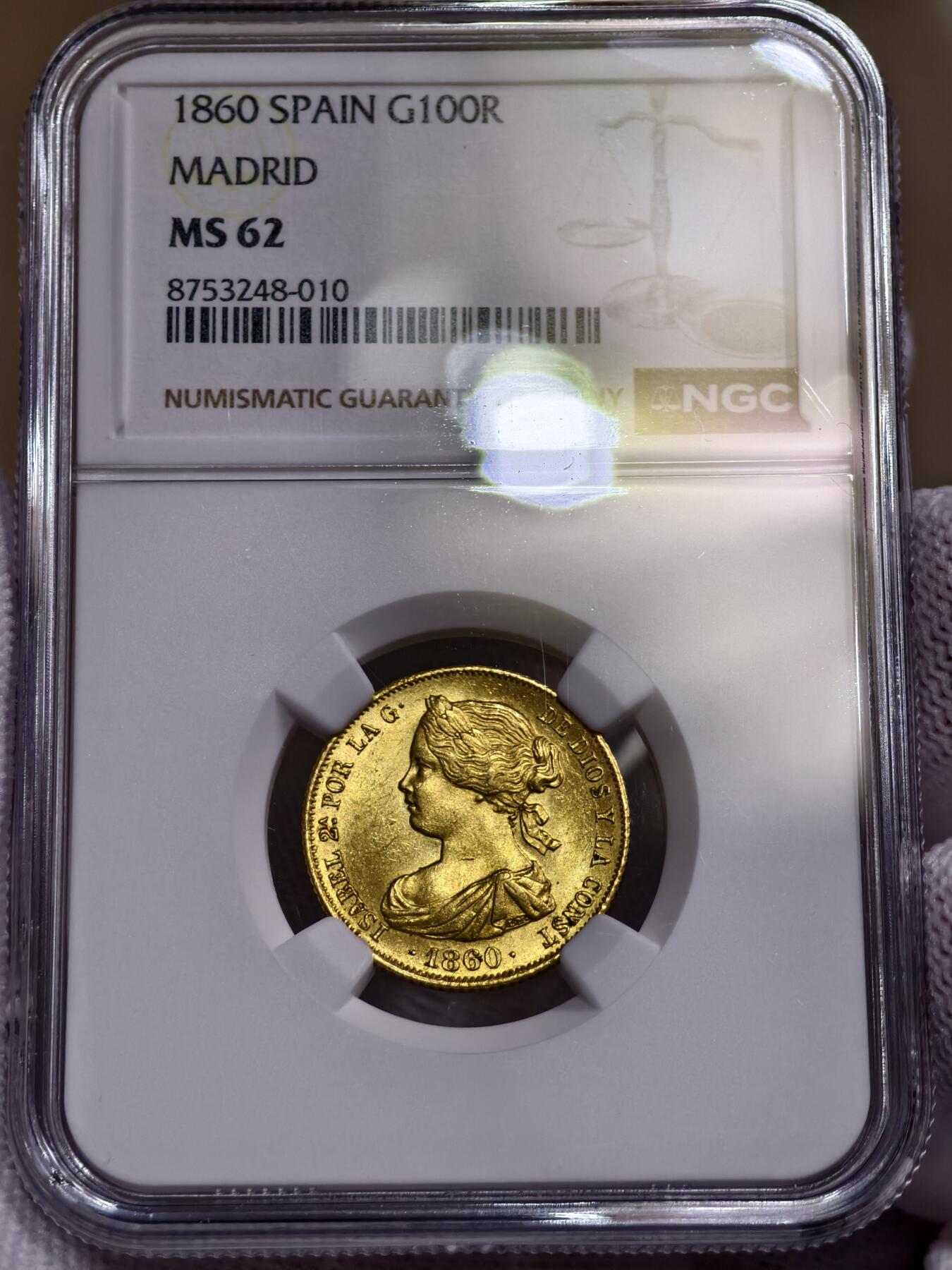 NGC-MS62西班牙1860年伊莎贝拉二世100里雷尔金币猪妹妹金币