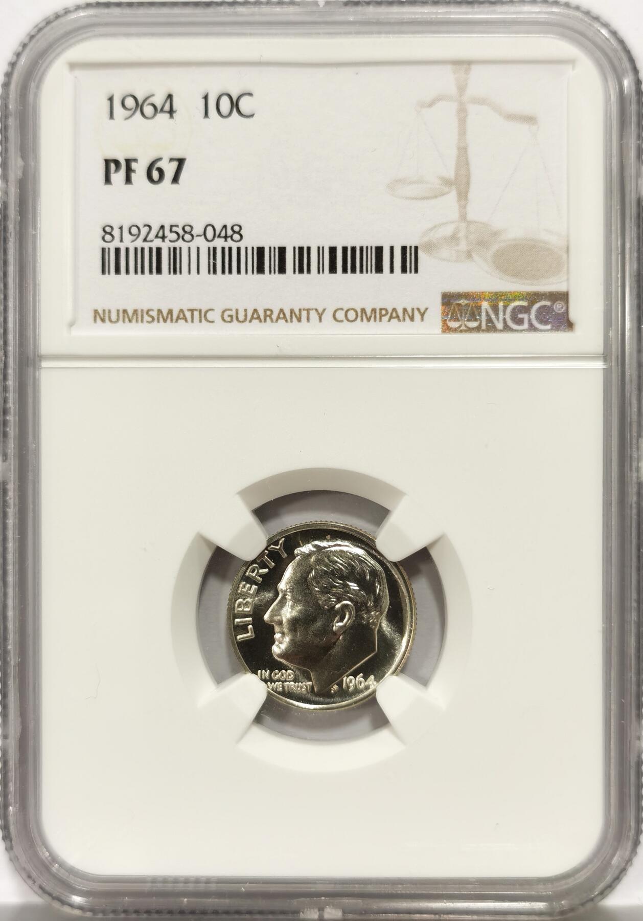 博洋堂世界钱币拍卖第167期（全场包邮） NGC PF67 美国1964年罗斯福10分银币，高分镜面