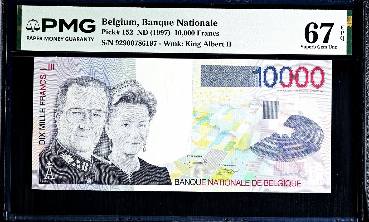 【Blue Auction】世界纸币精拍第802期——18级TOP拍卖/信誉/品质/专业/高效💫   比利时 1997年10000法郎 最高值 PMG67EPQ 高分 阿贝尔二世国王夫妇
