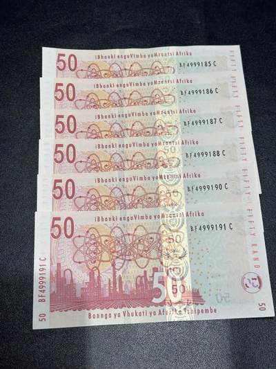 《外钞收藏家》第六百二十三期（精选场）（长期征集拍品、欢迎藏友们联系合作） - 南非动物版50兰特 6张一起 全新UNC 