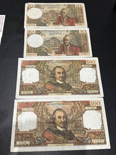 《外钞收藏家》第六百二十三期（精选场）（长期征集拍品、欢迎藏友们联系合作） - 法国10和100法郎 四张一起 非全新 品相如图