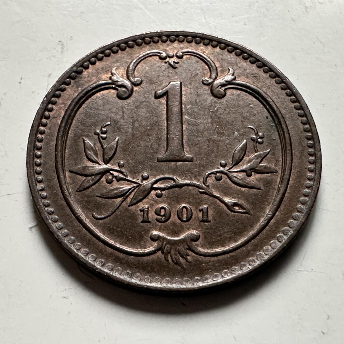 🌹外币初藏🌹🐯2026年第36场   每周二四六晚8️⃣点 接代拍 奥匈帝国 1901年 弗朗茨·约瑟夫一世 1赫勒 铜币