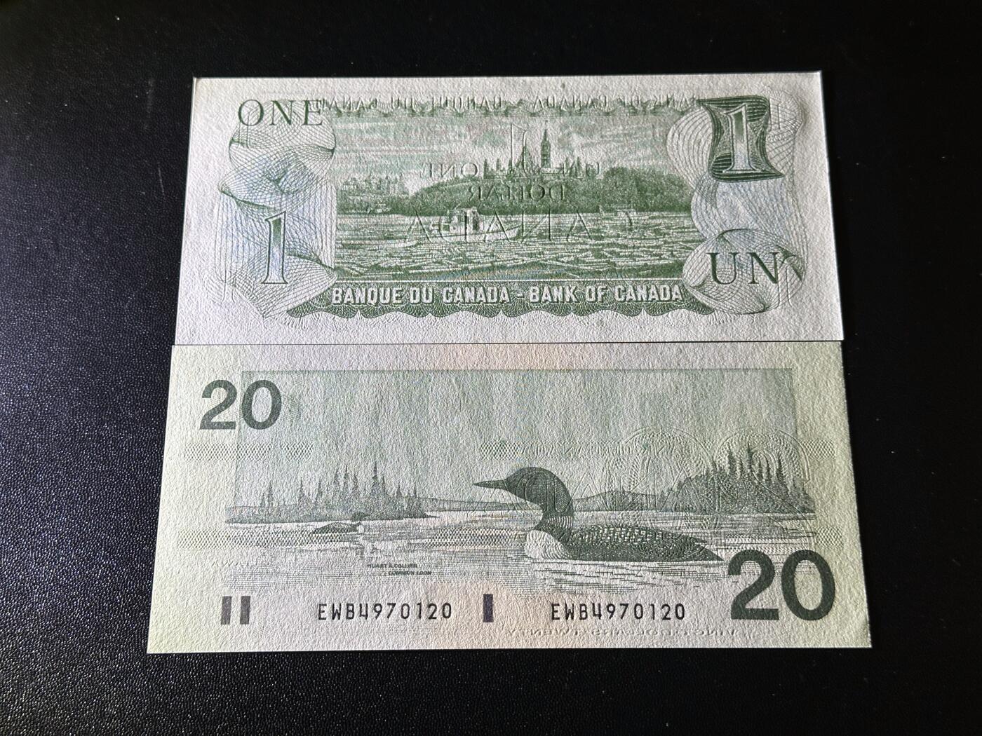 《外钞收藏家》第六百二十三期（精选场）（长期征集拍品、欢迎藏友们联系合作） 1973年加拿大1元+鸟版20元2张一起 全新UNC