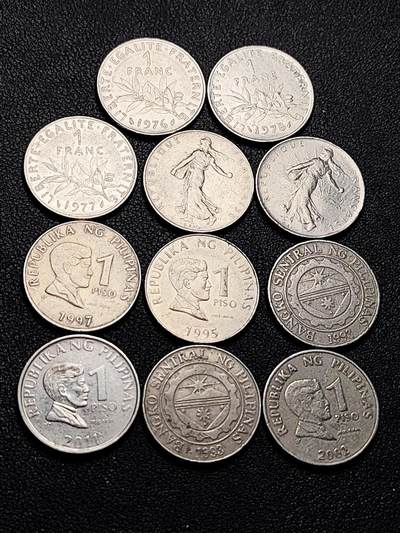 泉币菌-第219场-拍品多 请提前出价 - 11枚一组 法国 1法郎镍币 24mm 混合年份