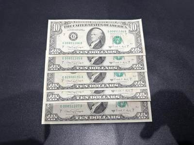 《外钞收藏家》第六百二十三期（精选场）（长期征集拍品、欢迎藏友们联系合作） - 1988年美国小头版10美元 五张一起 无折 有黄斑