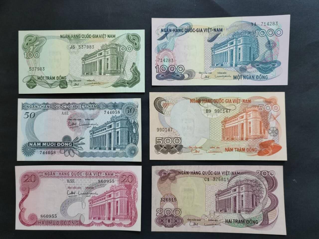 外国纸币专场260404场 南越1969年版20一1000六张全套。新品，个别有轻黄斑或潮斑。对与南越六十年代的东西己经是不错品相的了！200为9品左右。