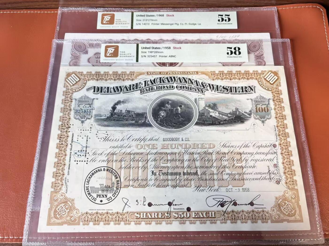 【Blue Auction】世界纸币精拍第802期——18级TOP拍卖/信誉/品质/专业/高效💫  【一组4张】美国 1939-68年 大票幅 雕版印刷股票一组 TQG58-53