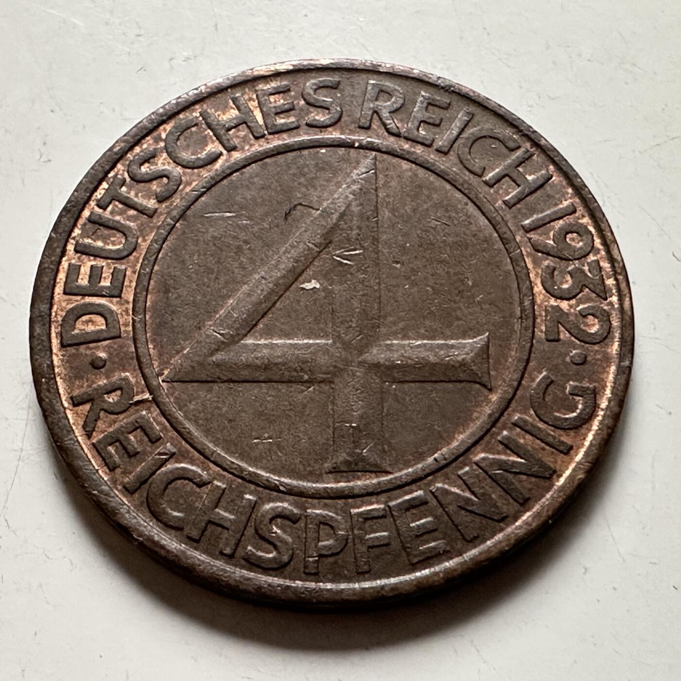 🌹外币初藏🌹🐯2026年第36场   每周二四六晚8️⃣点 接代拍 魏玛共和国 1932年 4帝国芬尼铜币