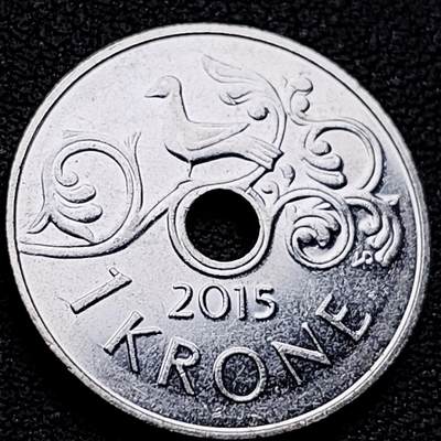 泉币菌-第219场-拍品多 请提前出价 - 哈拉尔五世小鸟 挪威1克朗圆孔铜镍硬币 21.0毫米 