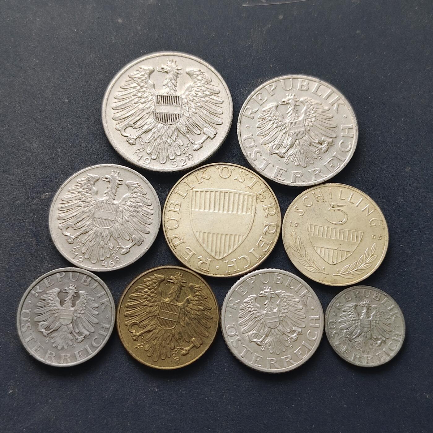 【全场包邮】纯粹捡漏拍518场 奥地利1946-1970年9枚套币-含2枚银币5先令【23.5毫米5.2克64%】+10先令【27毫米7.5克64%】