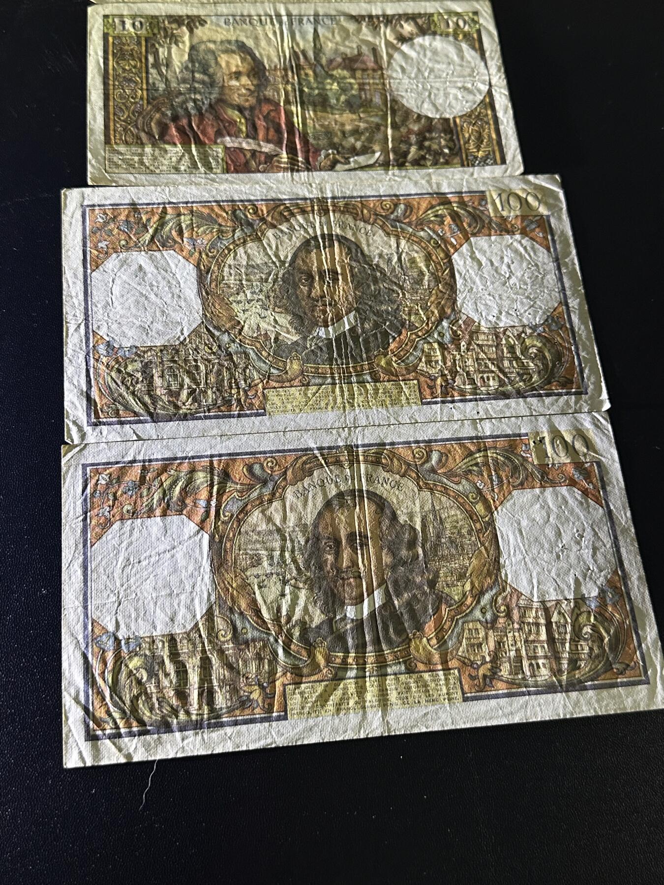 《外钞收藏家》第六百二十三期（精选场）（长期征集拍品、欢迎藏友们联系合作） 法国10和100法郎 四张一起 非全新 品相如图