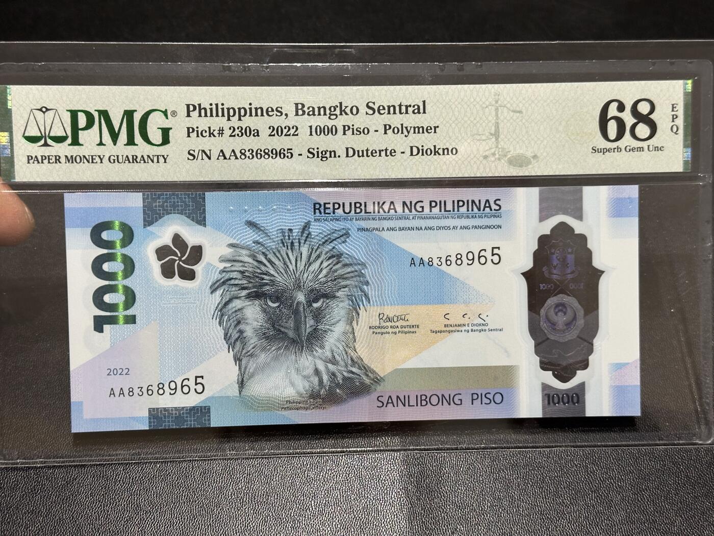 《外钞收藏家》第六百二十三期（精选场）（长期征集拍品、欢迎藏友们联系合作） 2022年菲律宾1000比索 PMG68 AA冠 无47靓号