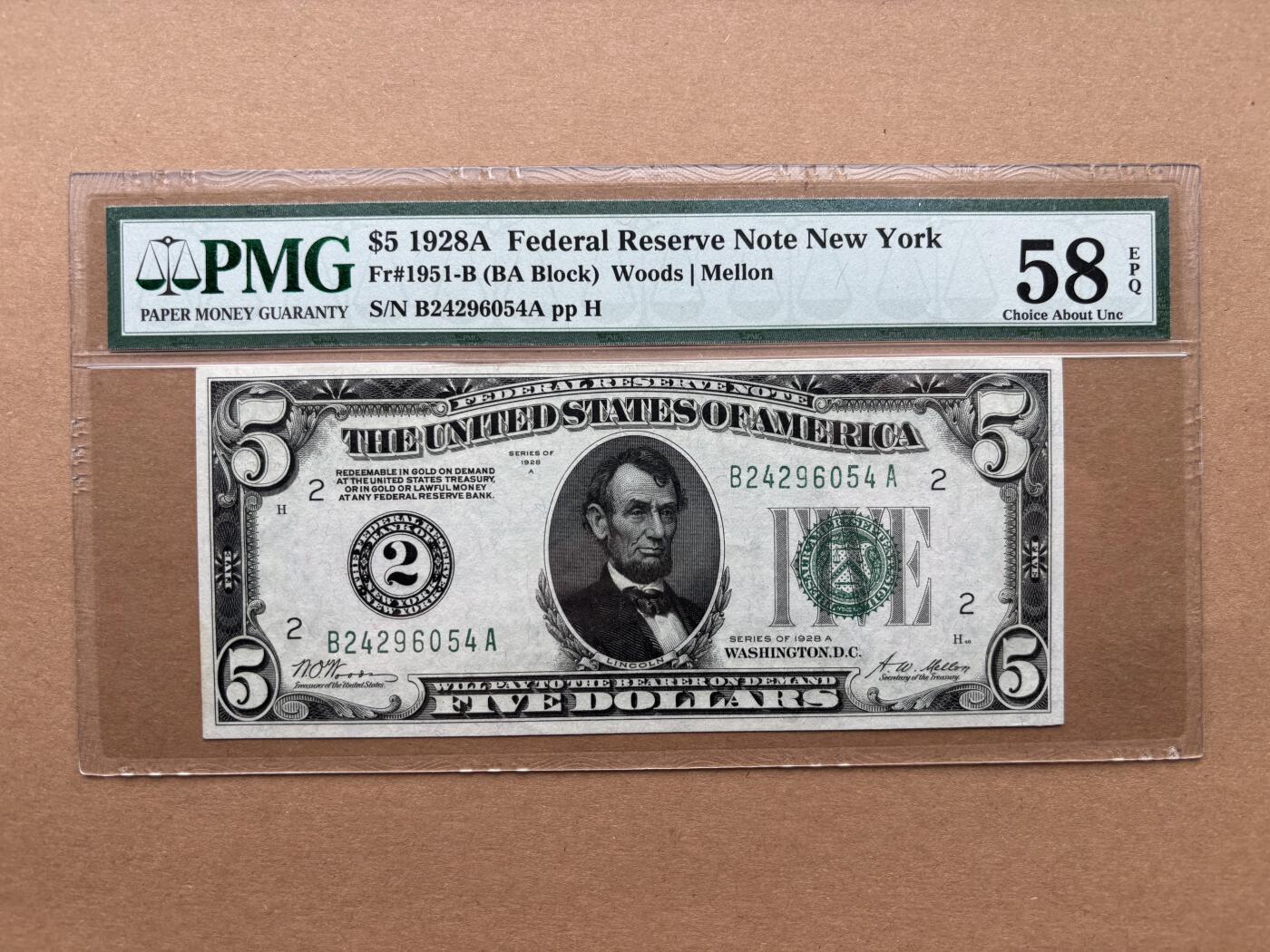 【礼羽收藏】🌏世界钱币拍卖第131期 1928A版 5美 数字分区号码 老壳 PMG58E