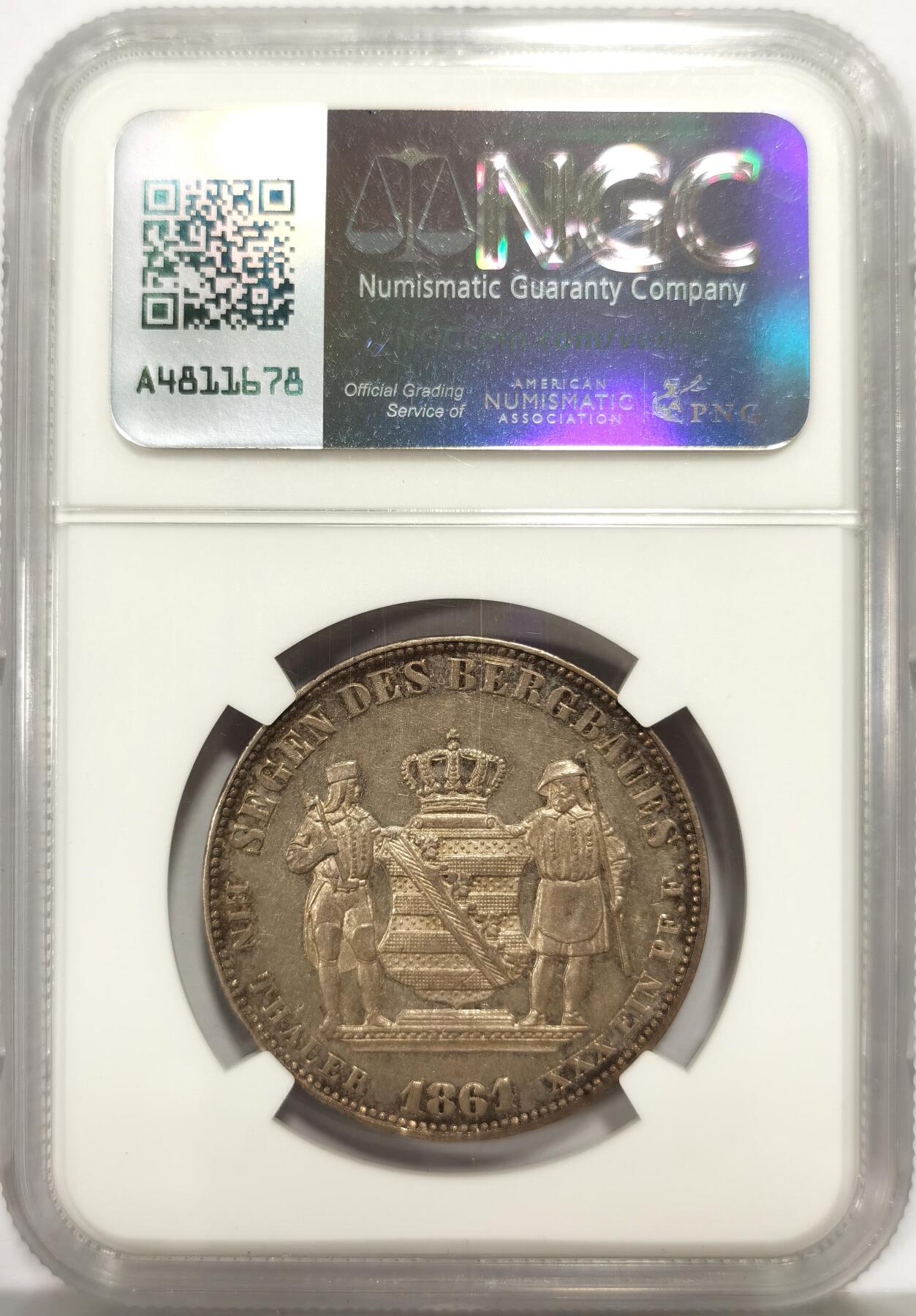 博洋堂世界钱币拍卖第167期（全场包邮） NGC AU55 季军分！德国萨克森1861B矿业泰勒银币，发行量稀少，更高分仅2枚