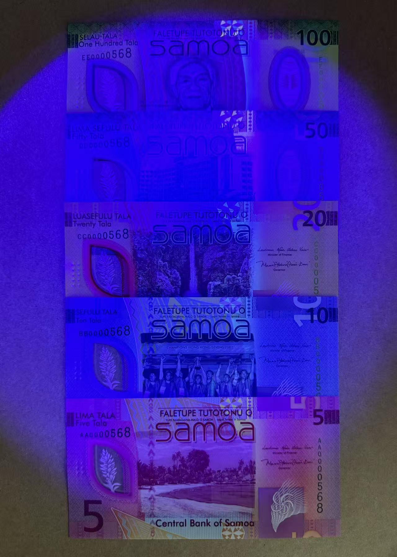 【Blue Auction】世界纸币精拍第802期——18级TOP拍卖/信誉/品质/专业/高效💫 【一组5张首发冠 568全同小号】萨摩亚 新版5-100塔拉 全新UNC