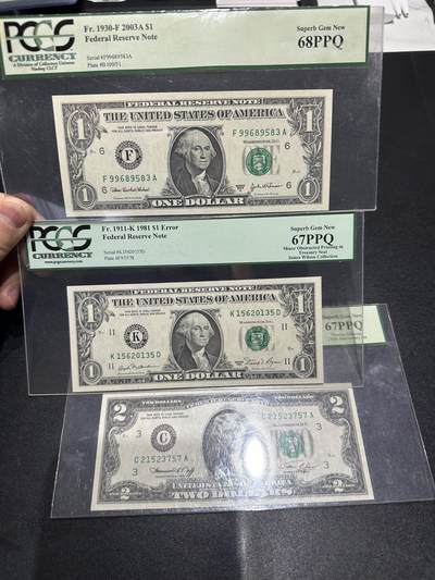 《外钞收藏家》第六百二十三期（精选场）（长期征集拍品、欢迎藏友们联系合作） - 美国1和2美元 3张一起 PCGS绿标 有2张还是是名家收藏