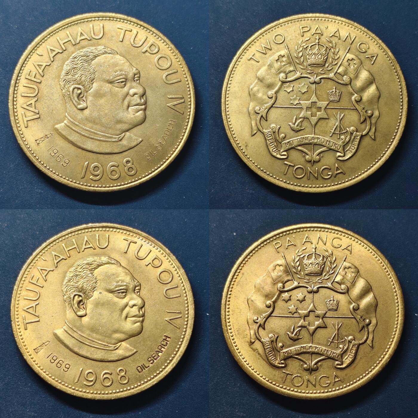 【全场包邮】纯粹捡漏拍517场 【少见】汤加1968年1-2潘加改刻加字1969年石油勘探镀金纪念币2枚套装-原盒-量5000