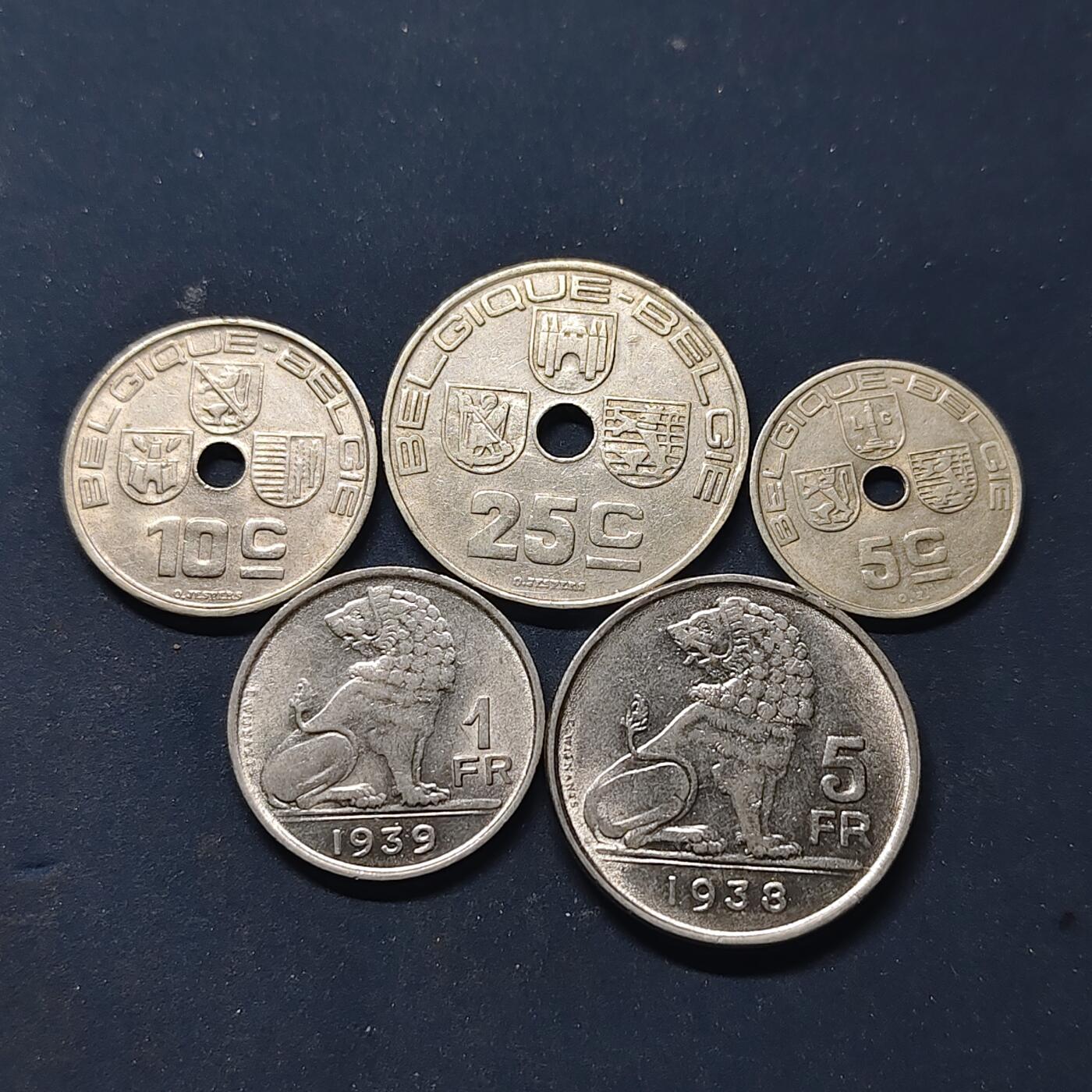 【全场包邮】纯粹捡漏拍518场 比利时1938-1939年BELGIE版5枚套币